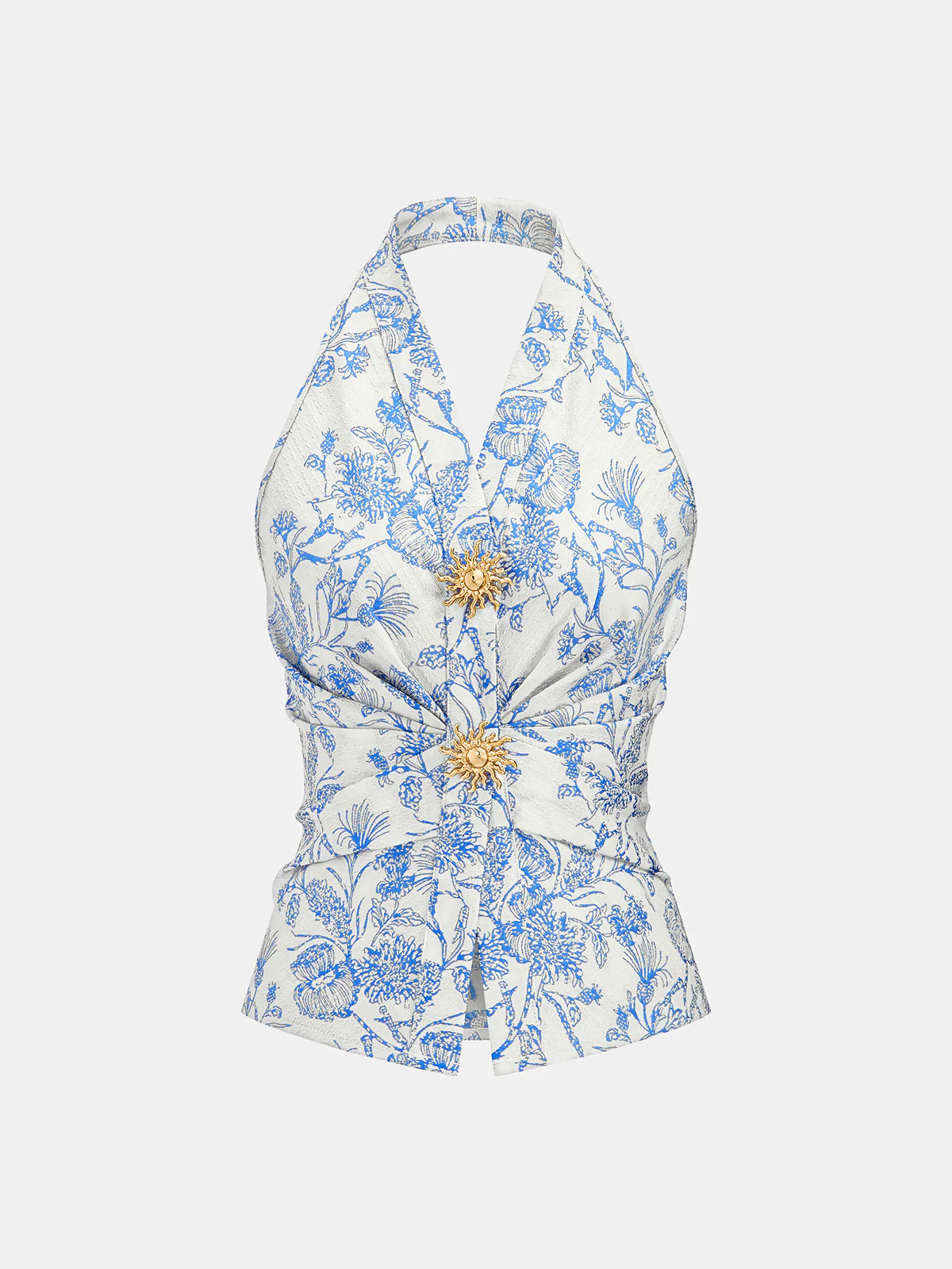 Floral Print Embellished Ruched Halter Top