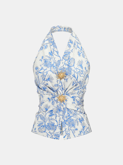 Floral Print Embellished Ruched Halter Top