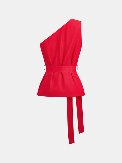 One Shoulder Linen Blend Belted Top