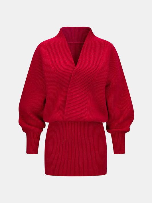 Wrap V-Neck Ribbed Knit Mini Dress