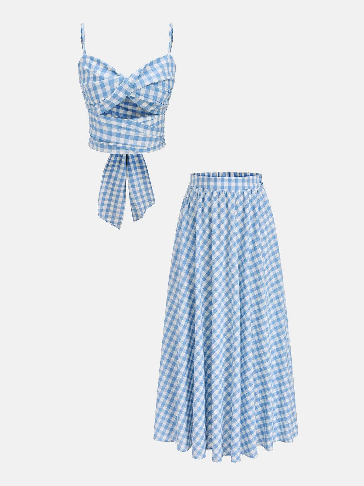 Gingham Wrap Tie Cami Top & Midi Skirt Set