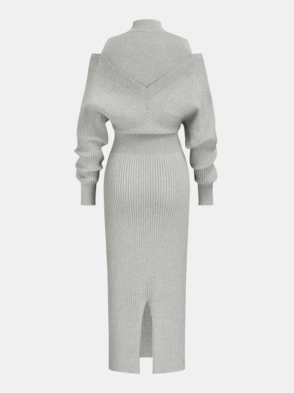 Off-Shoulder Waist-Defined Rib-Knit Midi Dress