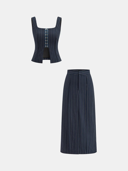 Hook-Eye Striped Top and Skirt Set