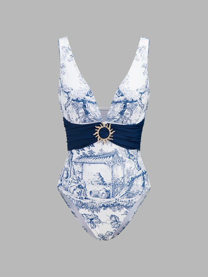 Printed One Piece Swimsuit & Sarong Set