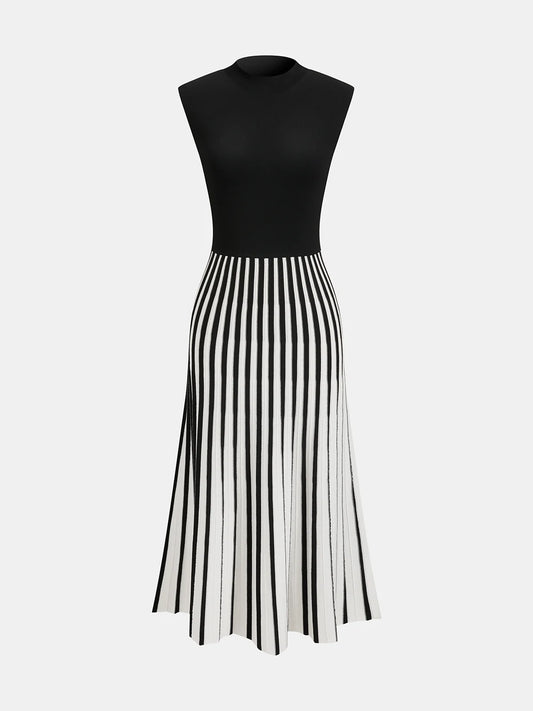 Sleeveless Mock Neck Striped Midi Dress
