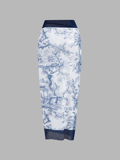Printed One Piece Swimsuit & Sarong Set