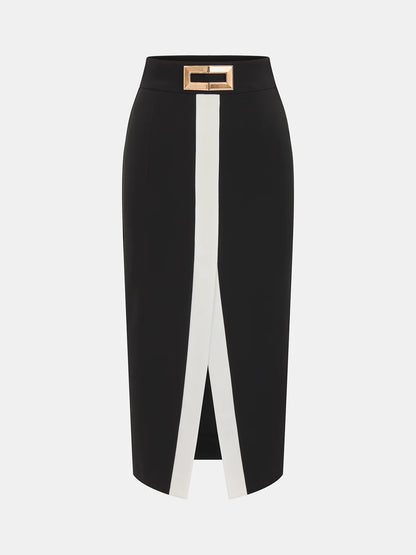 Color Block Metal Detail Midi Skirt