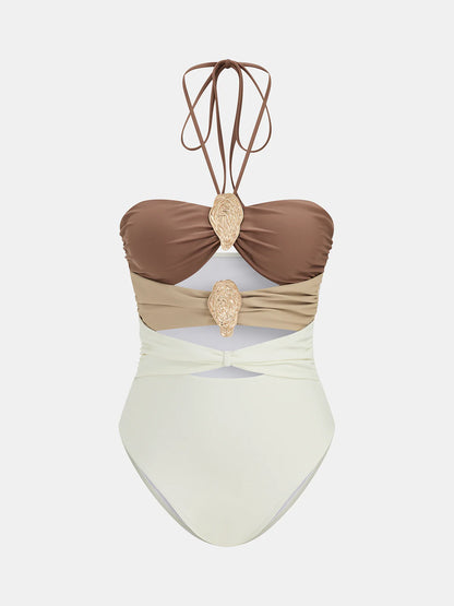 Color Block One-Piece Swimsuit & Cover-Up Skirt Set