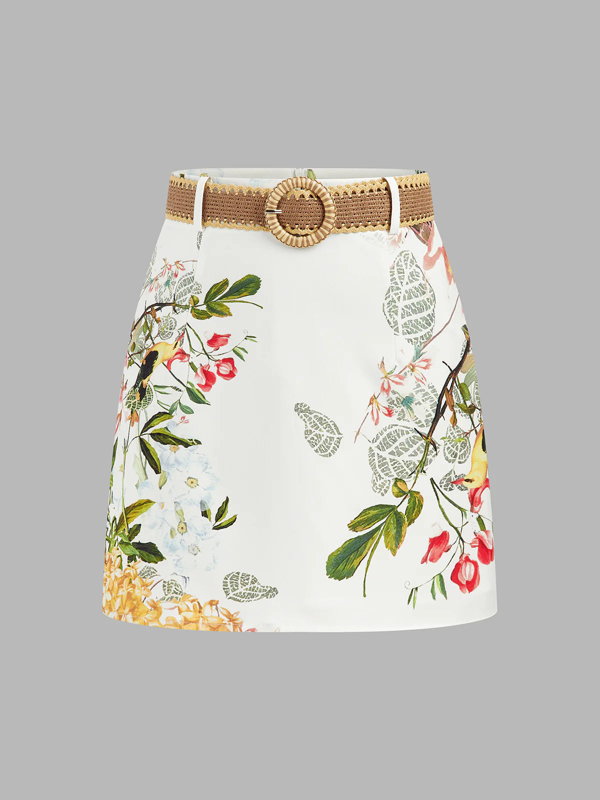 Floral Bird Print Belted Mini Skirt