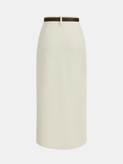 Belted Linen Blend Ruched Wrap Midi Skirt