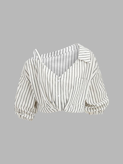 Striped Cotton Cold Shoulder Half Sleeve Blouse