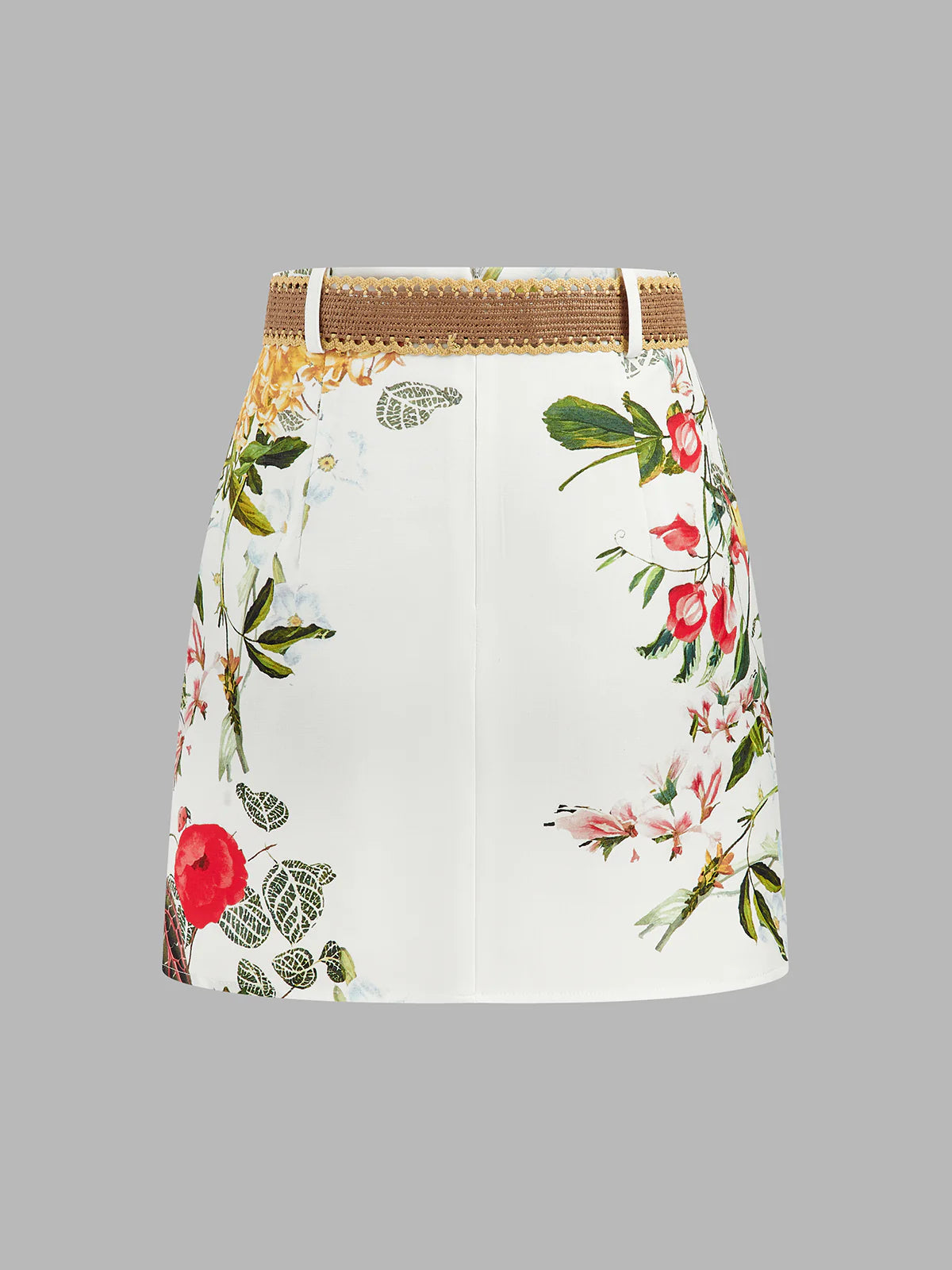 Floral Bird Print Belted Mini Skirt
