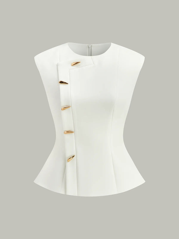 Sleeveless Peplum Top with Metal Buttons