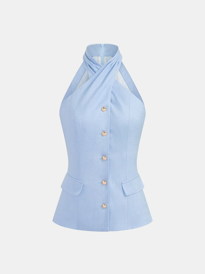 Tencel Blend Halter Buttoned Vest & Shorts Set