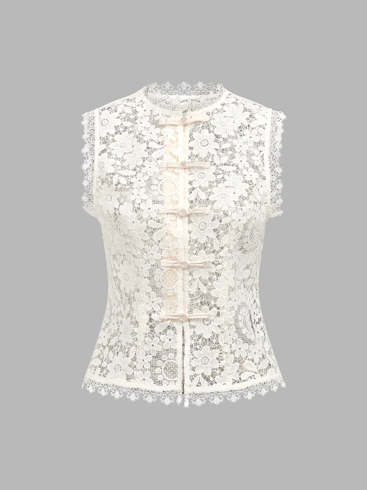 Frog Button Lace Vest & Satin Midi Skirt Set
