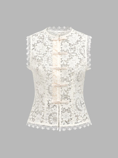 Frog Button Lace Vest & Satin Midi Skirt Set