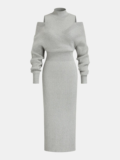 Off-Shoulder Waist-Defined Rib-Knit Midi Dress