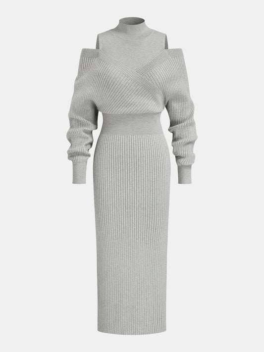 Off-Shoulder Waist-Defined Rib-Knit Midi Dress