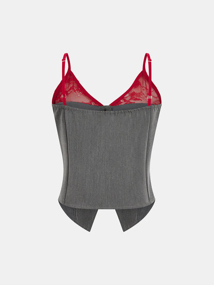 Contrast Lace Cami Vest & Pants Set with Scarf
